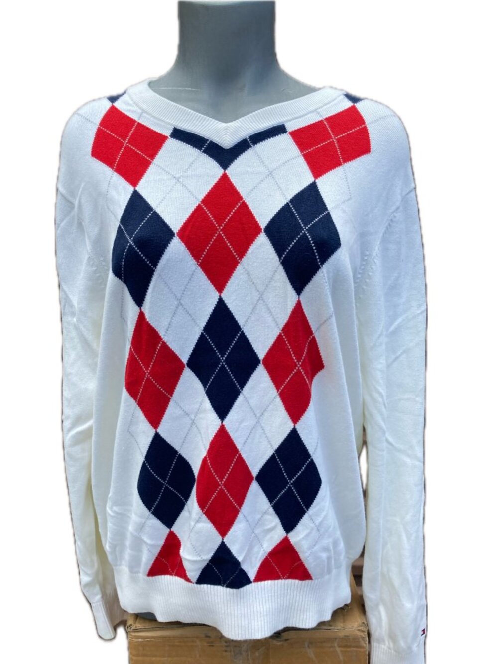Tommy Hilfiger Small White Long Sleeve Sweater with Red and Blue Diamonds Argyle